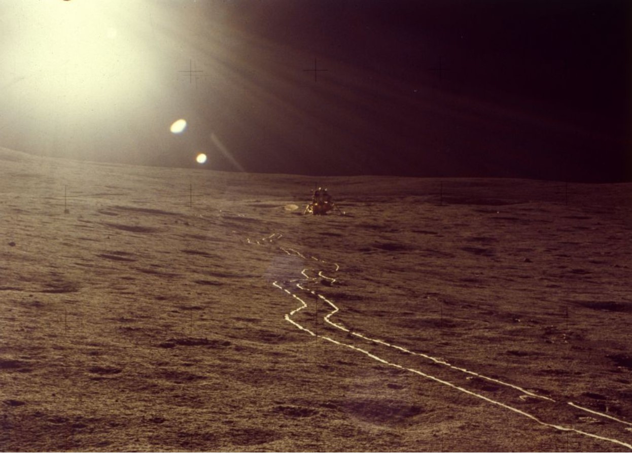 Tracks behind a Moon rover in 1972
