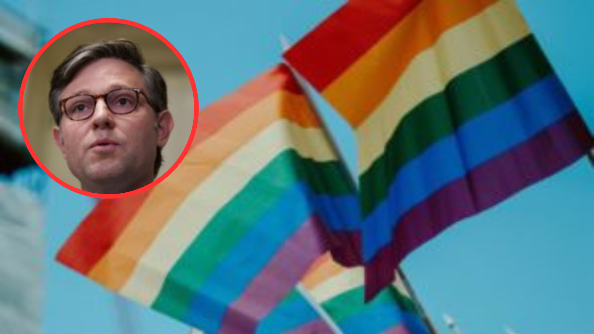 Close-up portrait of Mike Johnson, wearing rectangular glasses with a focused expression / Close-up of vibrant rainbow-colored flags fluttering against a clear blue sky