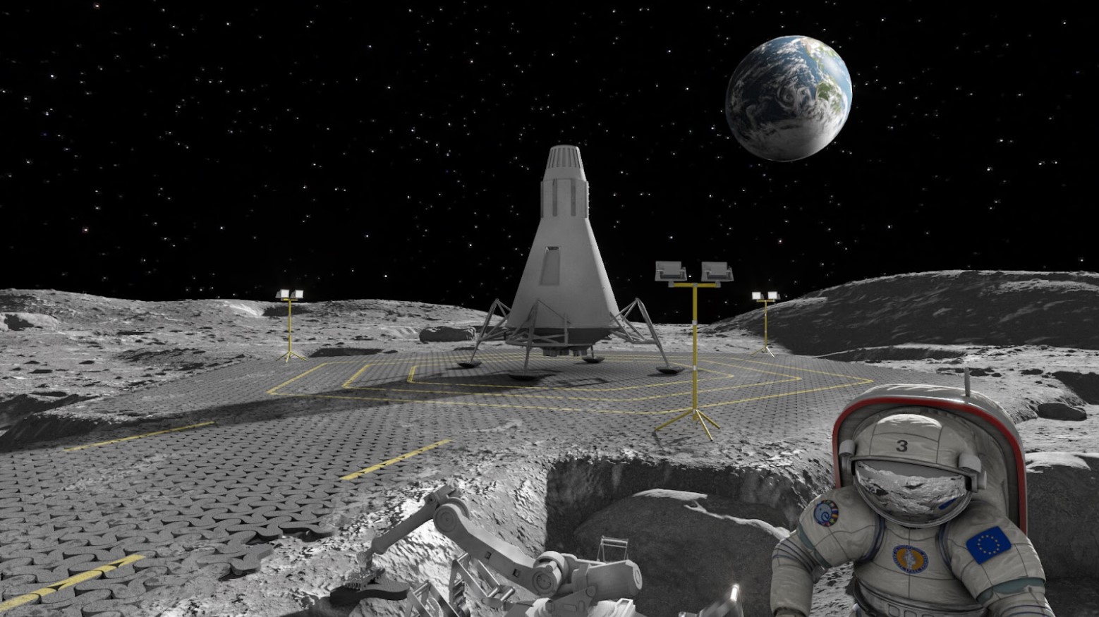 An illustration of planned paved surfaces on the Moon