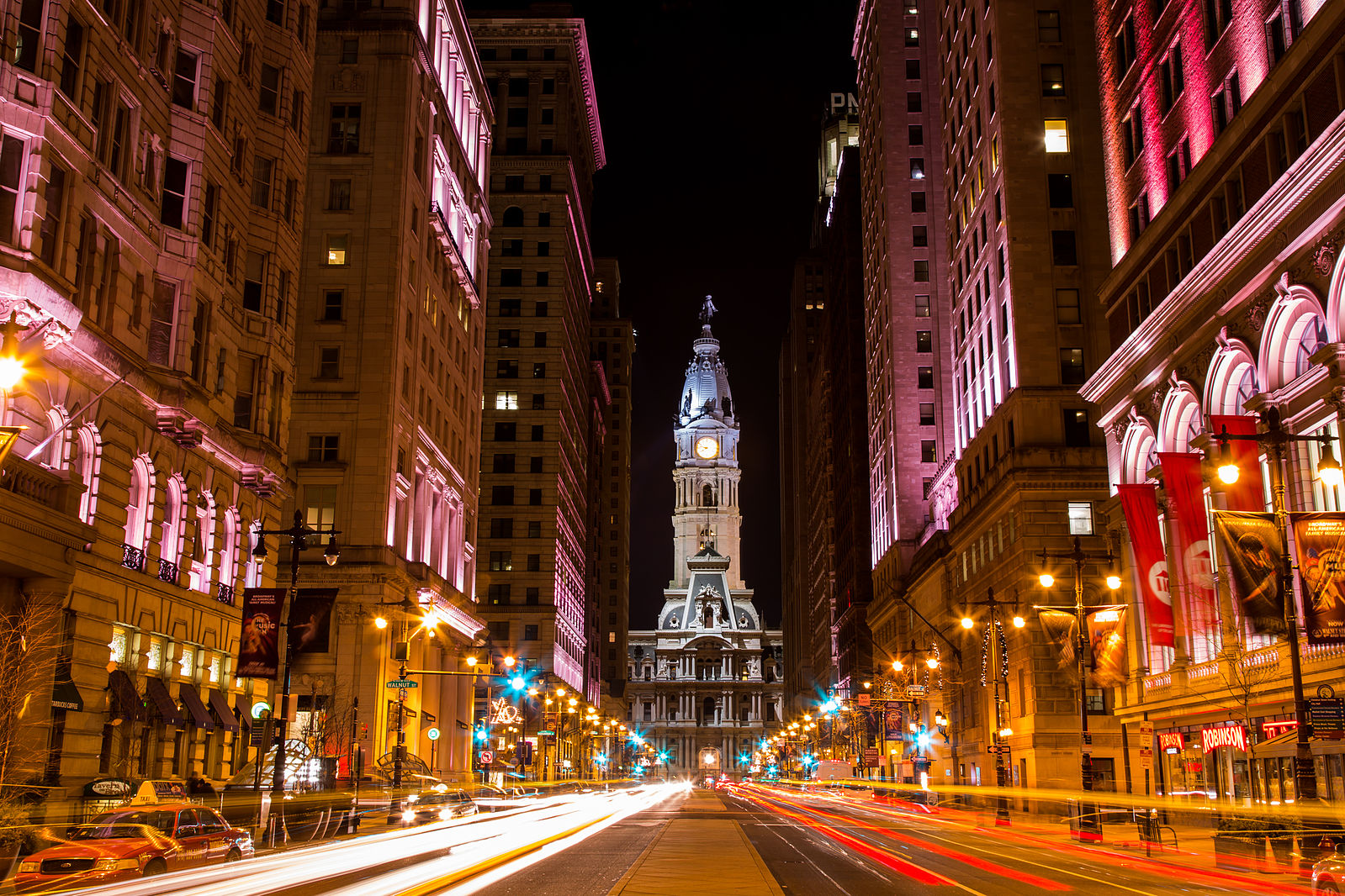 Night view of Philadelphia City Hall, as seen looking north from Broad Street between Walnut and Locust Streets