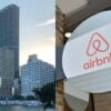 An image of the Panorama Tower complex in Miami/a photo of an apartment with an Airbnb logo outside