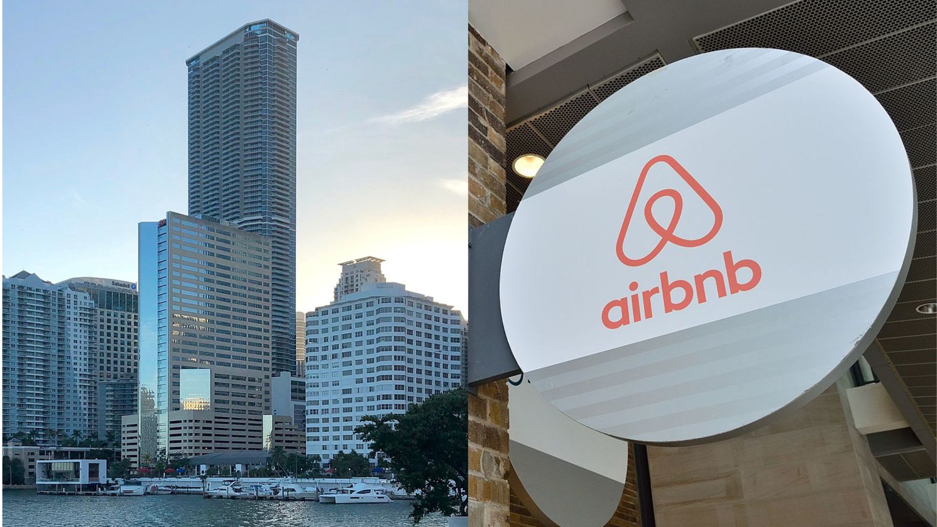 An image of the Panorama Tower complex in Miami/a photo of an apartment with an Airbnb logo outside