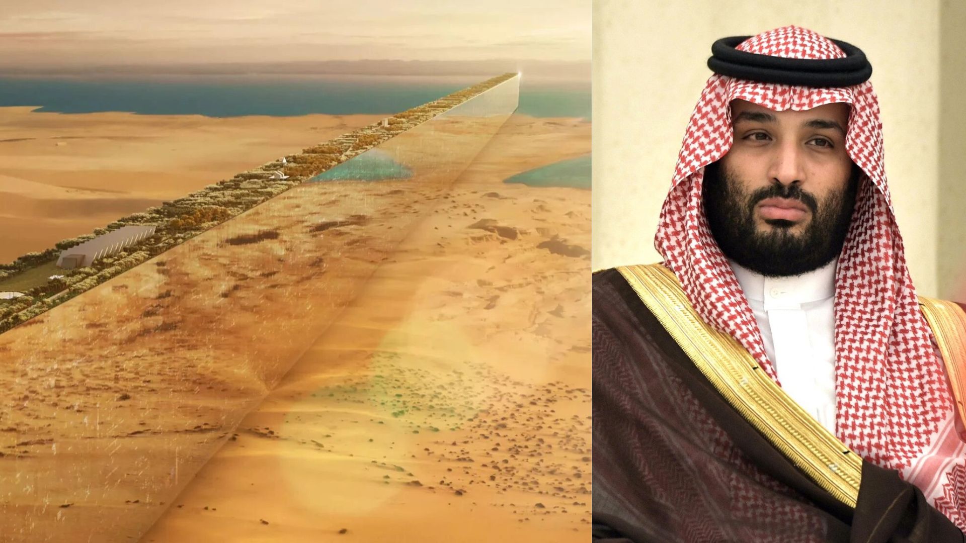 An artist's depiction of how Saudi Arabia’s The Line may look when complete/Saudi Prince Mohammad pictured during an event
