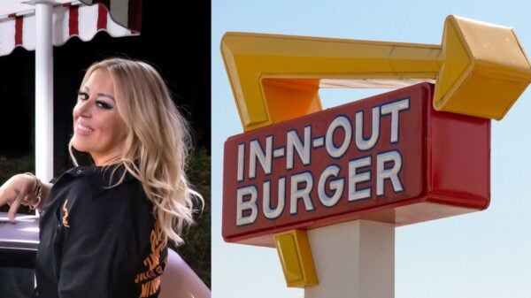 An image of IN-N-Out Burger Owner Lynsi Synder/A large red In-N-Out Burger sign outside a restaurant