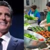 An image of Gavin Newsom in a navy suit during an event/School cafeteria workers pictured preparing meals