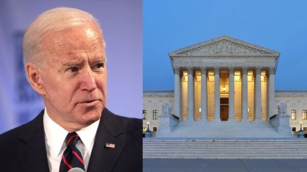 An image of Joe Biden with a shocked face during an event/ An image of the US Supreme Court Building during dusk